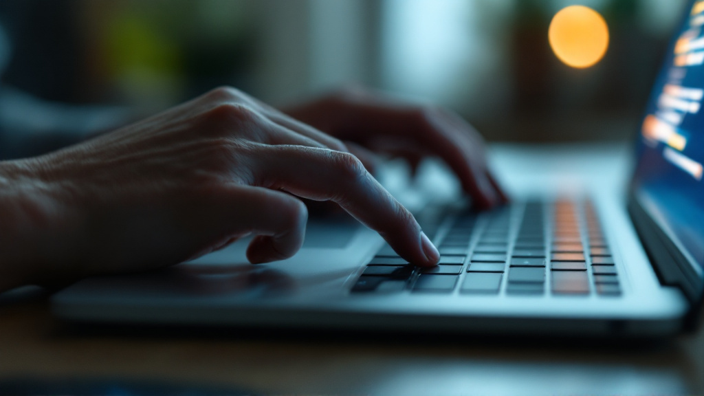 Extreme close-up of hands hovering over a laptop trackpad with a softly glowing compose window blurred in the background.