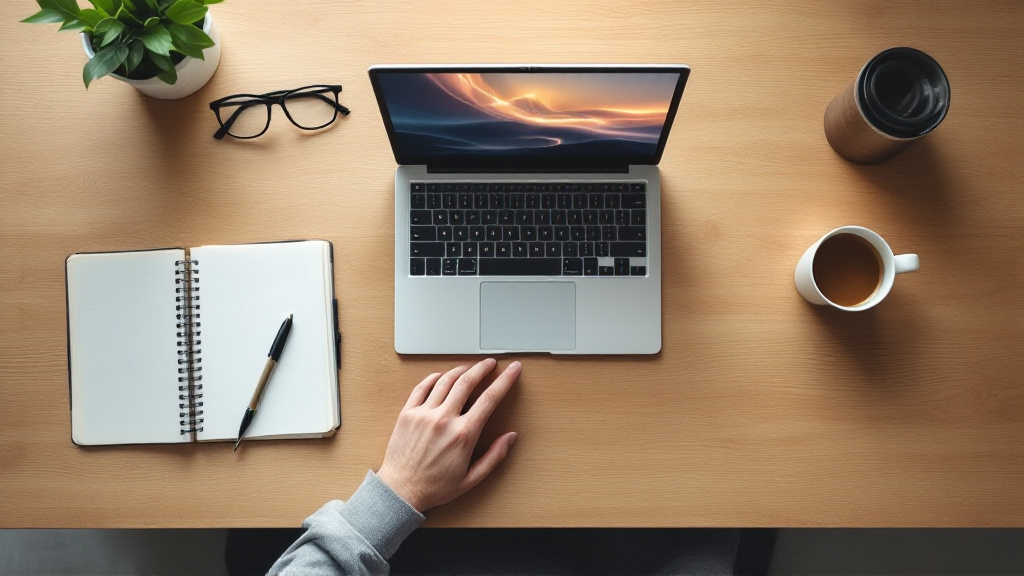 Overhead view of a tidy desk with a laptop, notebook, glasses, and a hand reaching between analog tools and computer, symbolizing human–AI collaboration.