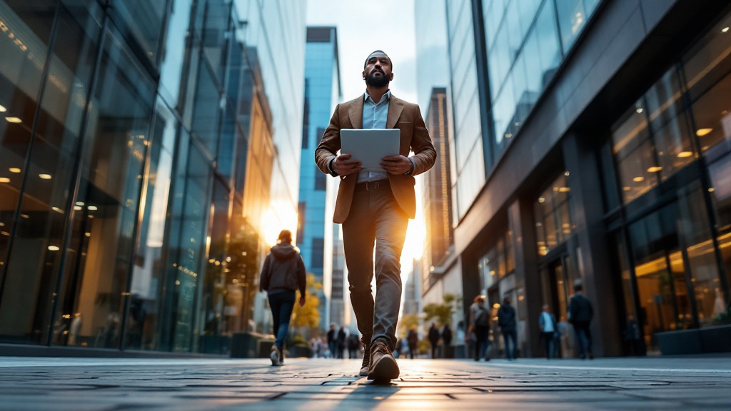 Low-angle view of a professional walking confidently through a modern tech district, surrounded by tall glass buildings and soft digital reflections.