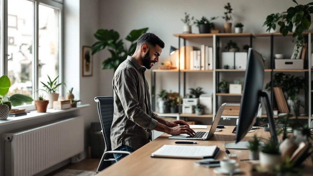 Low-angle wide view of a calm, organized home office with a confident professional standing beside a tidy desk and laptop.