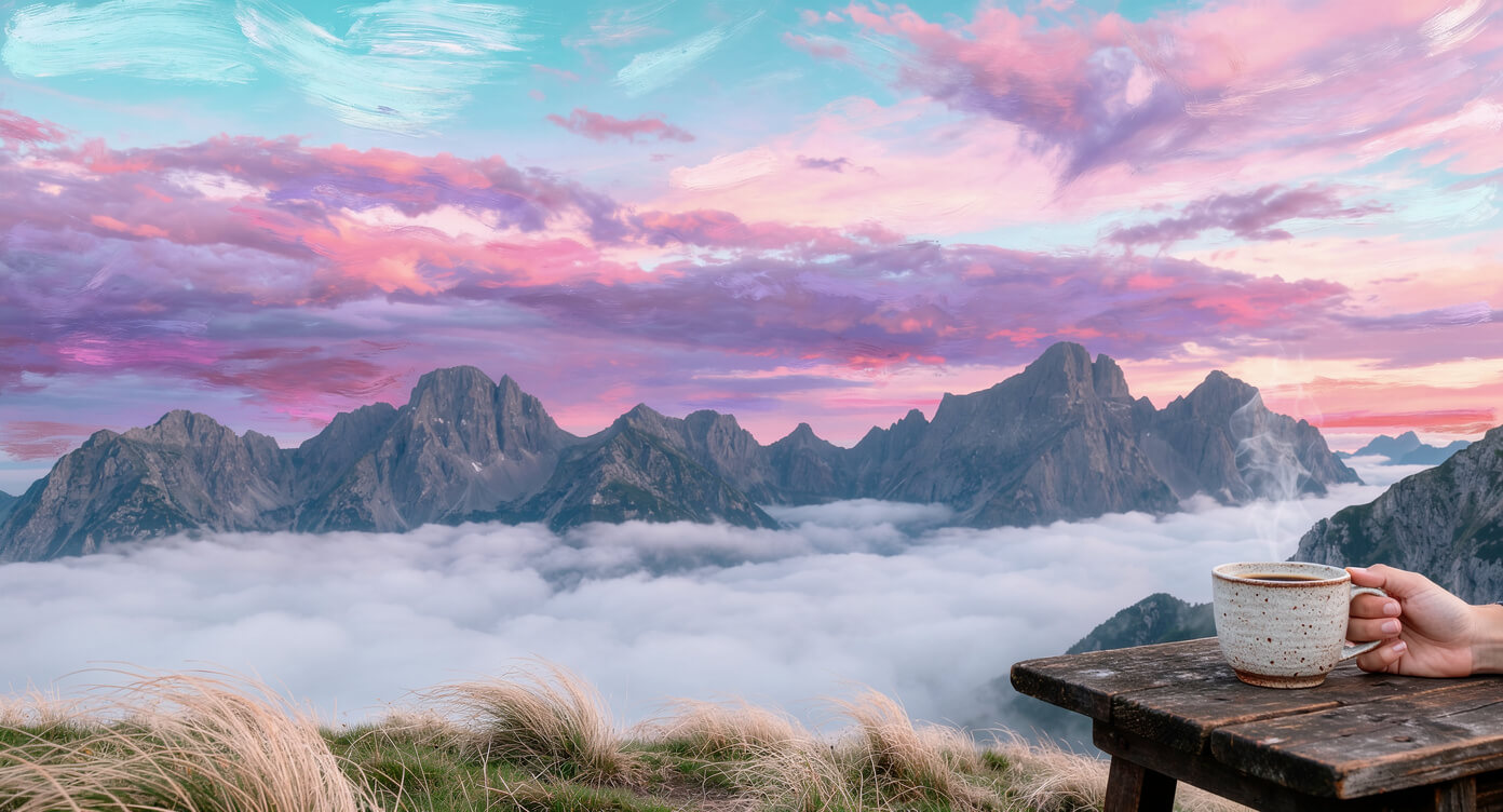Hand holding coffee mug at weathered wooden table edge with painted pastel pink and lavender sunset over mountains and a sea of clouds.