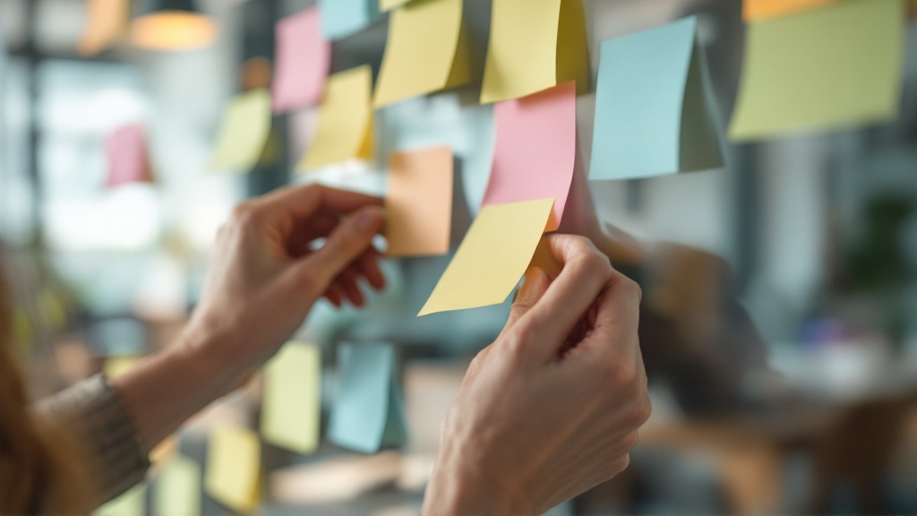 Close-up of hands rearranging blank pastel sticky notes on a glass wall, with crumpled notes nearby suggesting a fluid, iterative planning process.