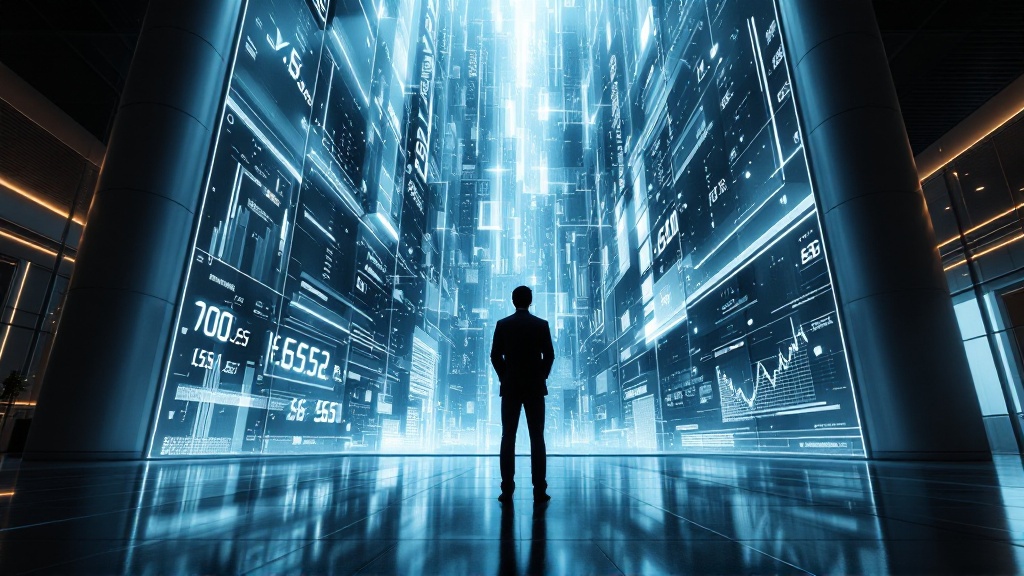 Low-angle view of a businessperson facing a towering wall of glowing data panels, symbolizing confronting powerful, opaque AI pricing systems.