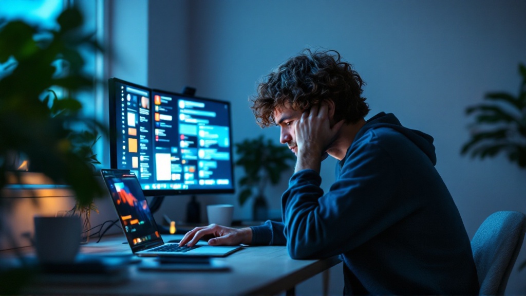 Thoughtful creator at a minimalist desk, surrounded by softly blurred glowing screens, looking overwhelmed yet reflective about social media algorithms.