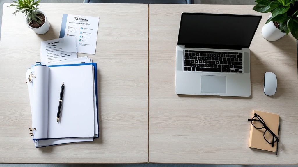 Overhead view of a desk showing paper-based training materials on one side and a sleek laptop workspace on the other, representing a shift to digital learning.