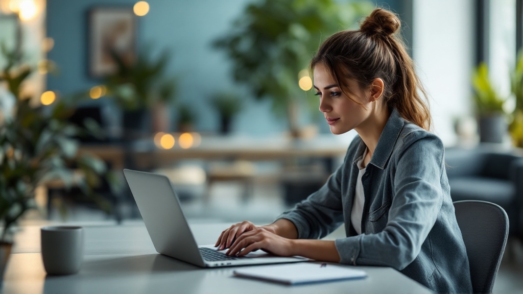 Marketing professional at a modern desk focusing on a laptop with a subtle looping light reflection, symbolizing continuous feedback in loop marketing.