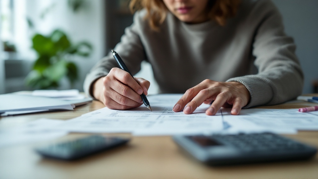 Business owner at a wooden table marking papers beside a laptop, hand in sharp focus and softly blurred home office background suggesting focused self-assessment.