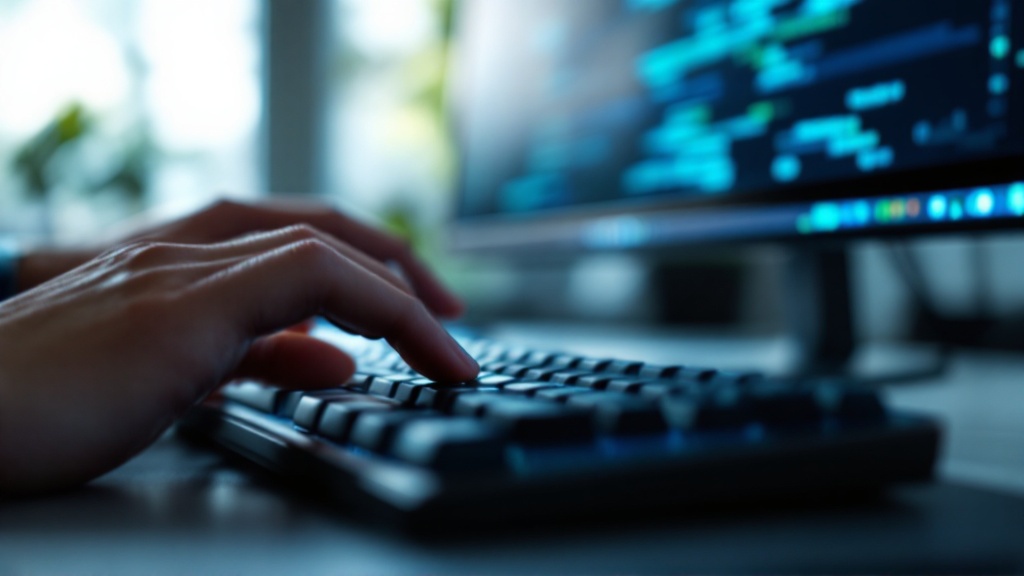 Macro view of a developer’s fingertips above a keyboard with blurred monitor light behind, symbolizing close collaboration with AI-driven coding tools.