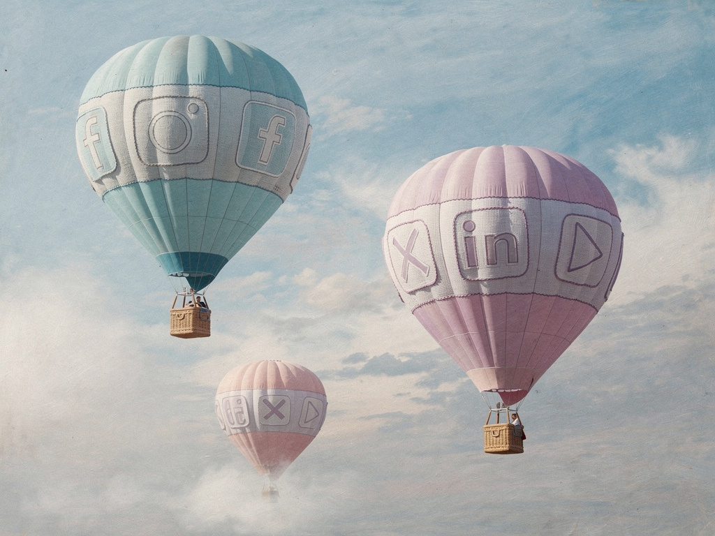 Painted pastel cyan, lavender, and pink sky with cloud-shaped social platform icons drifting above a still alpine lake reflecting the sky and a distant pine treeline.