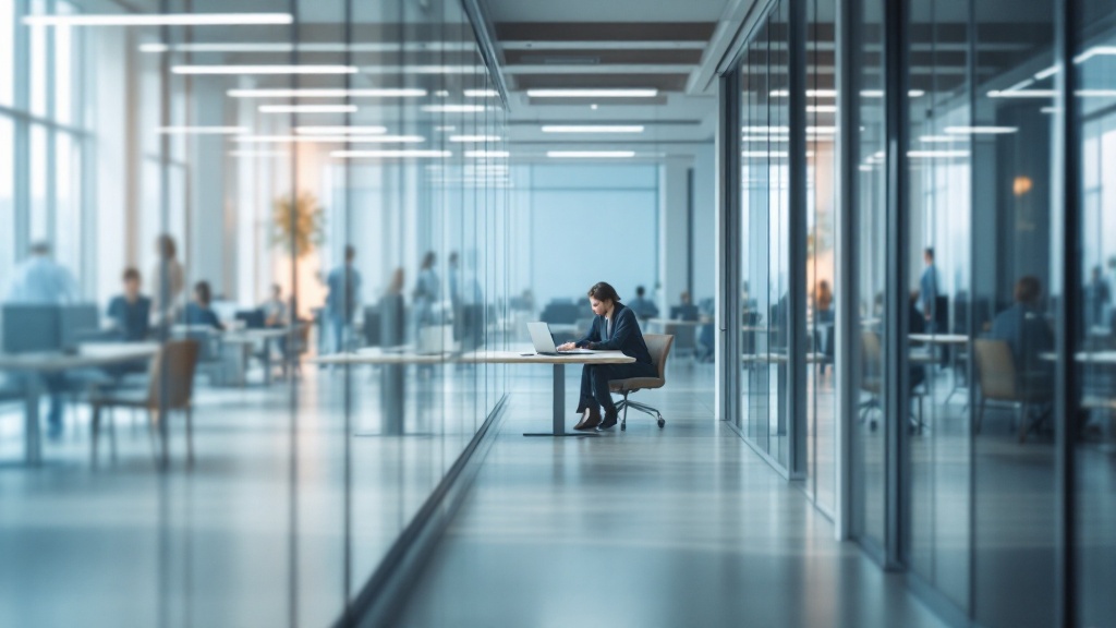Wide office scene showing a focused professional working alone in a glass room while a busier open-plan workspace hums in the background.