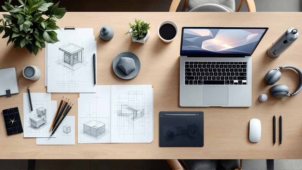 Overhead view of a designer’s desk split between sketch tools and digital devices, representing the shift from traditional to AI-augmented 3D workflows.